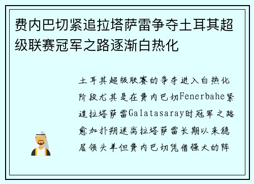 费内巴切紧追拉塔萨雷争夺土耳其超级联赛冠军之路逐渐白热化