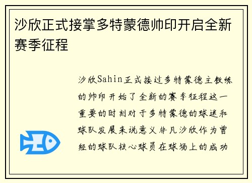 沙欣正式接掌多特蒙德帅印开启全新赛季征程