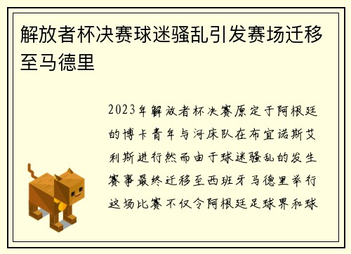解放者杯决赛球迷骚乱引发赛场迁移至马德里